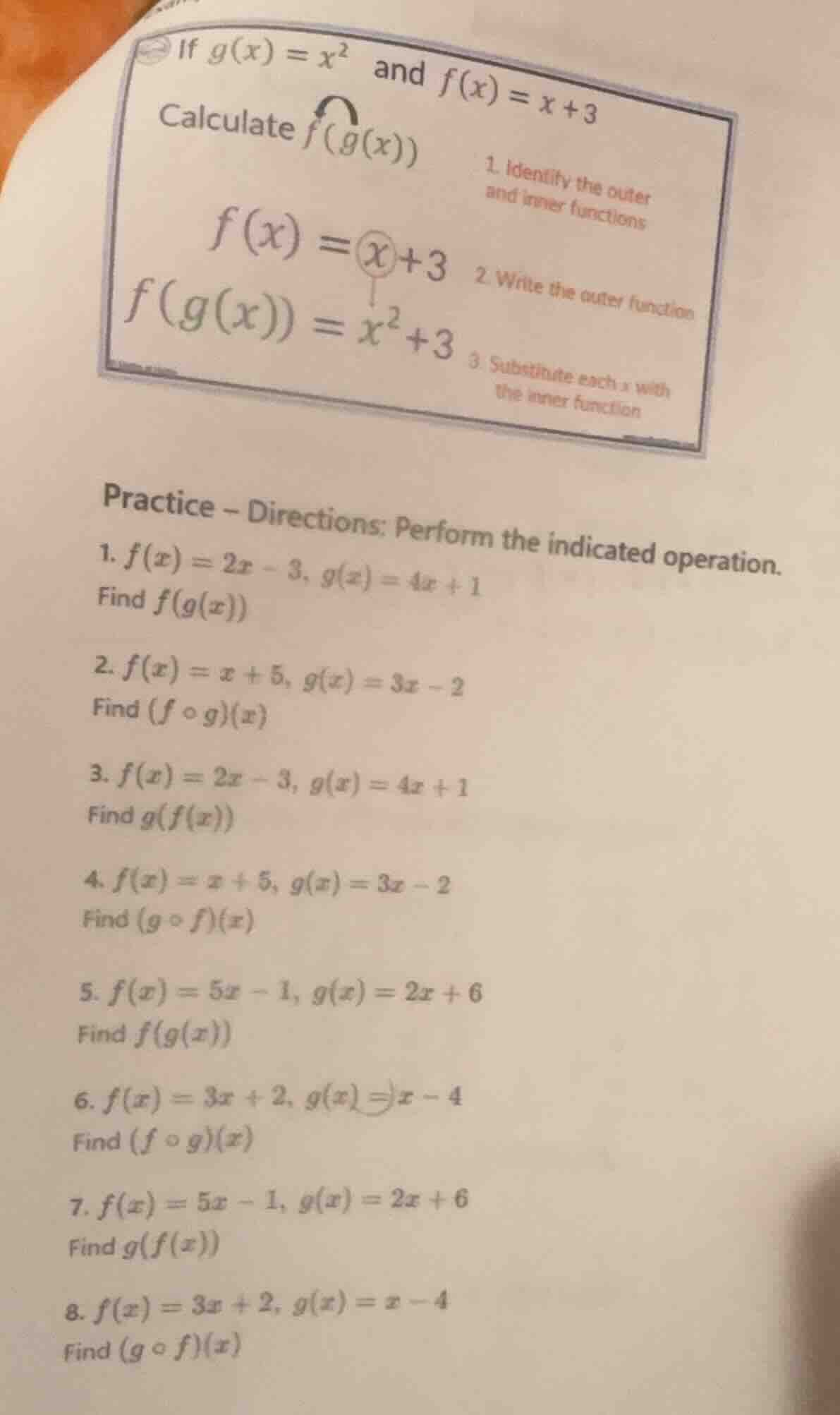 if $g(x) = x^2$ and $f(x) = x + 3$ calculate $f(g(x))$ 1. identify the …