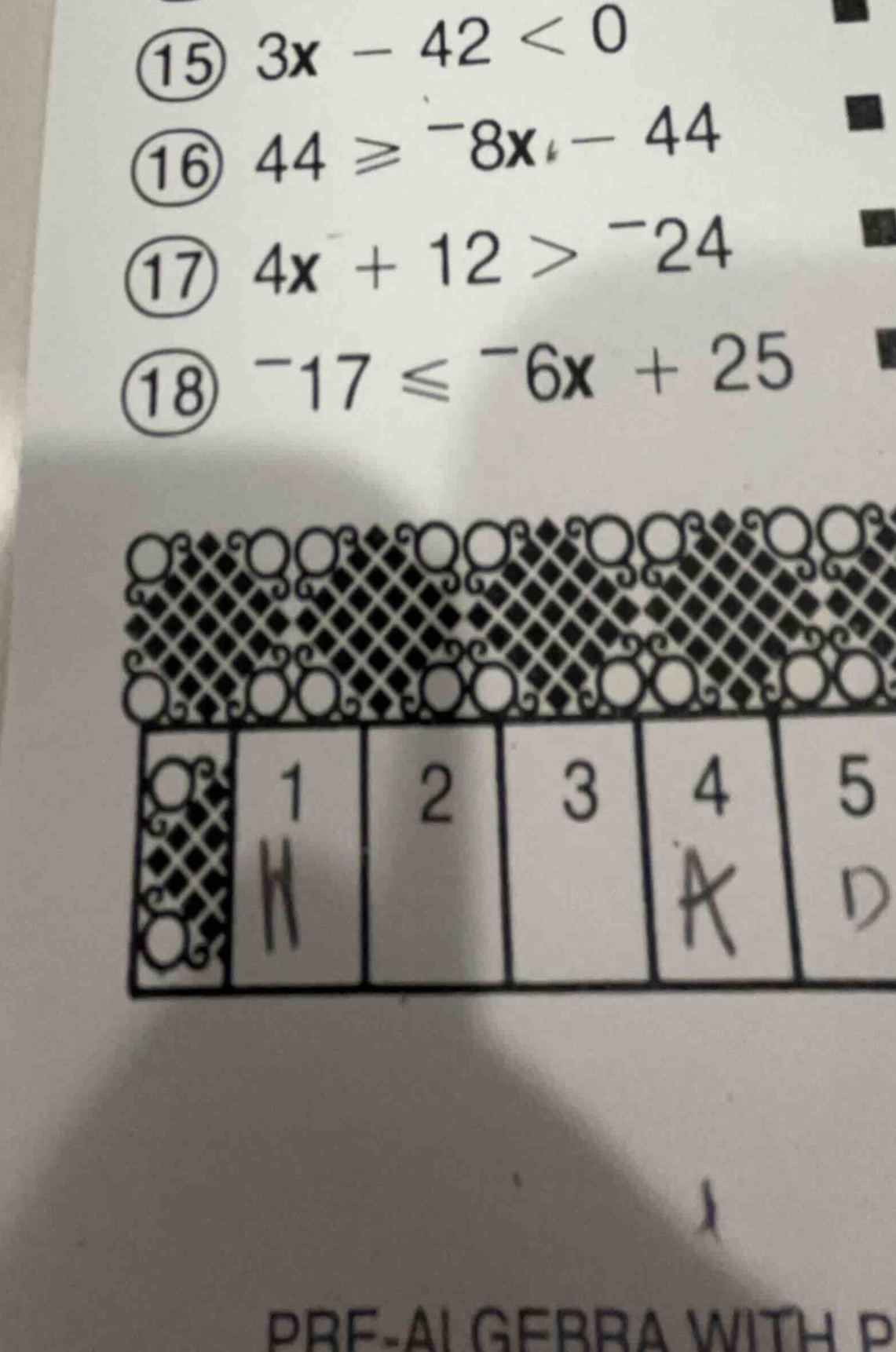 15 ( 3x - 42 < 0 ) 16 ( 44 geq -8x - 44 ) 17 ( 4x + 12 > -24 ) 18 ( -17…