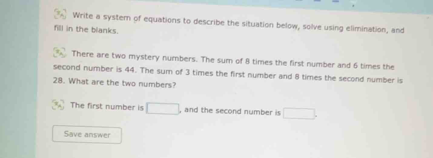 write a system of equations to describe the situation below, solve usin…