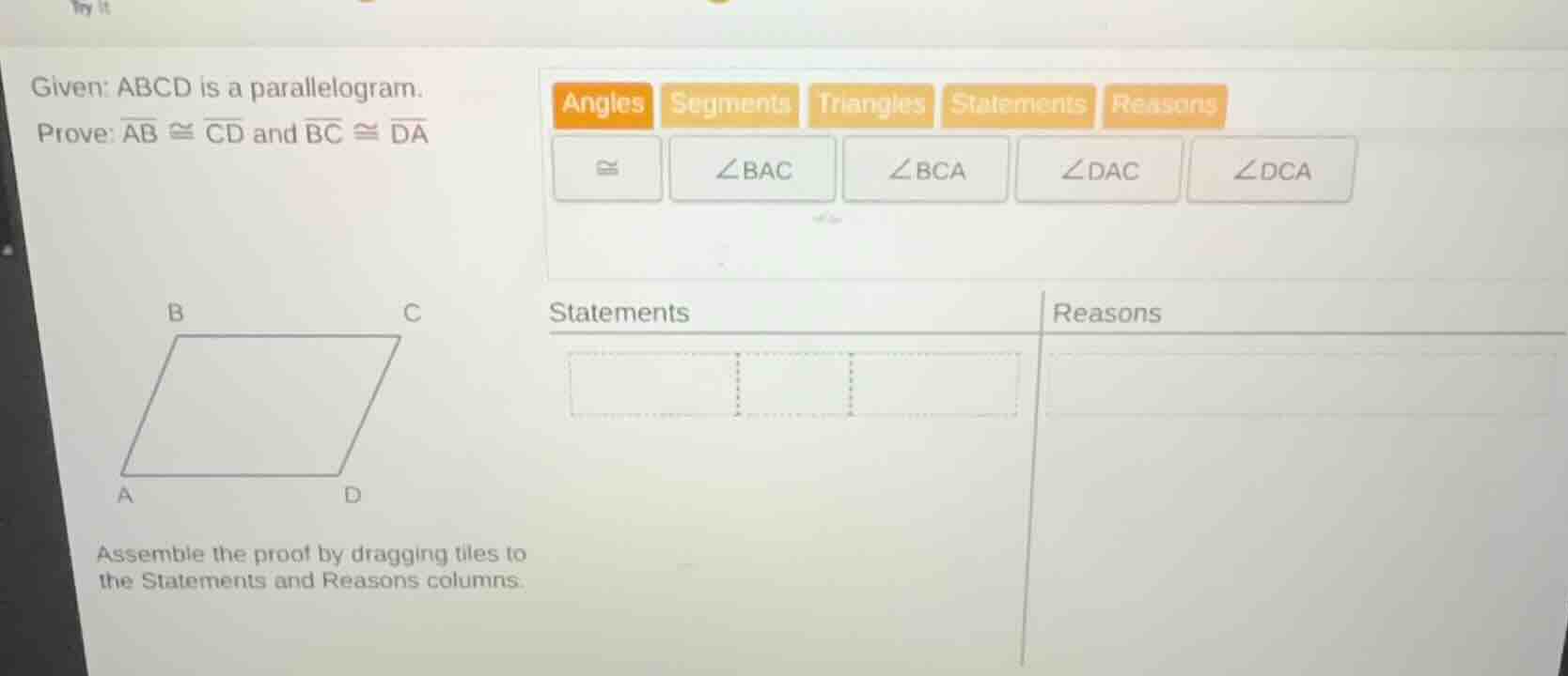 given: abcd is a parallelogram. prove: \\(\\overline{ab} \\cong \\overl…