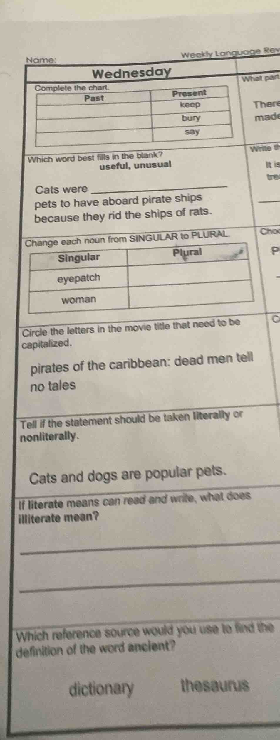 name: weekly language rev wednesday complete the chart. past present ke…