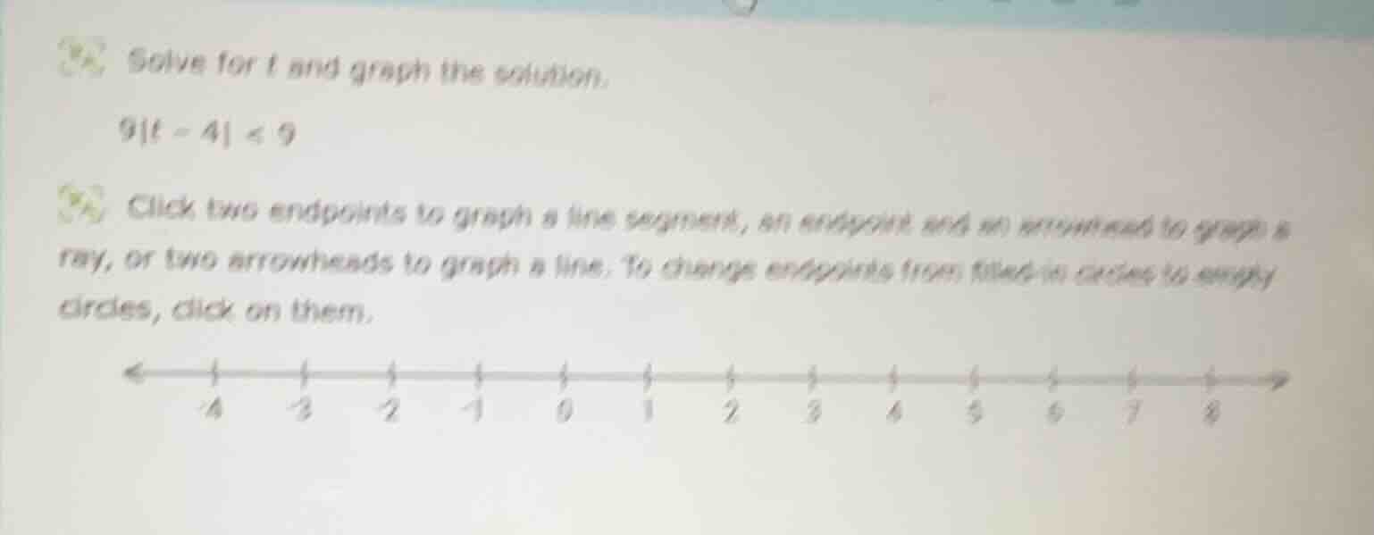 solve for t and graph the solution. 9|t - 4| < 9 click two endpoints to…