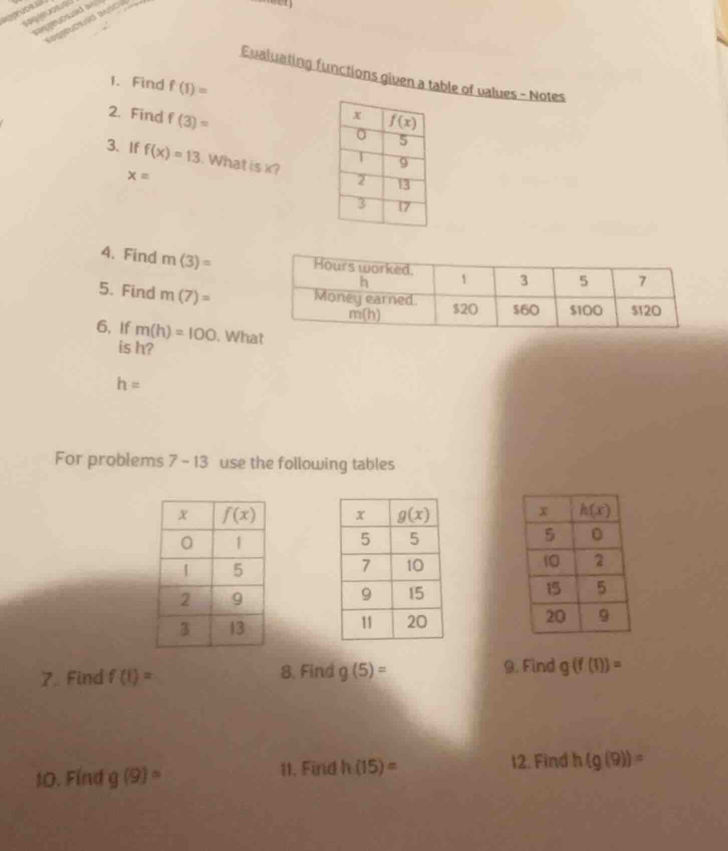 evaluating functions given a table of values - notes 1. find f (1) = 2.…