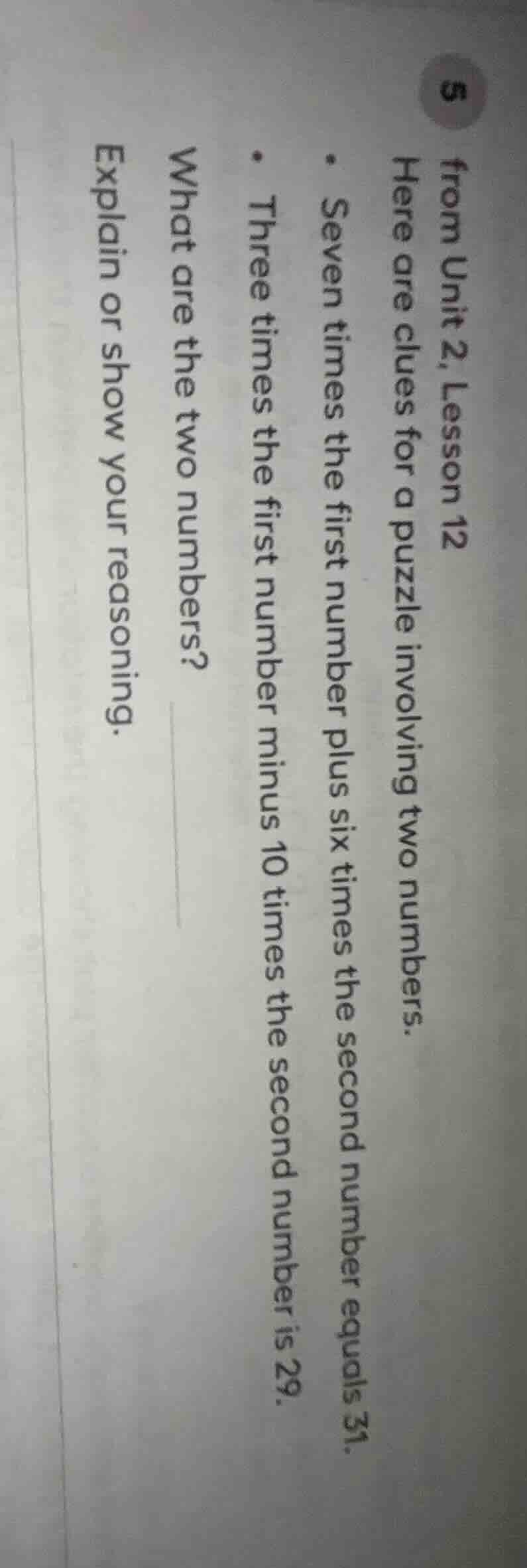 from unit 2, lesson 12 here are clues for a puzzle involving two number…