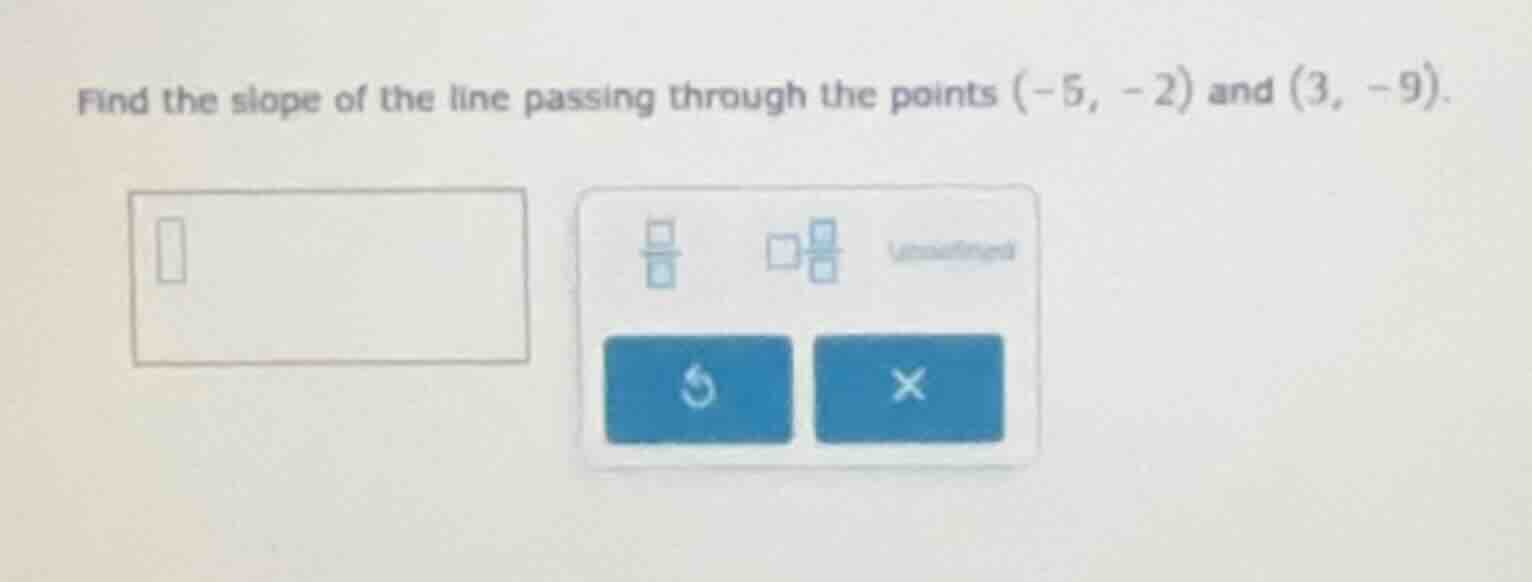 find the slope of the line passing through the points (-5, -2) and (3, …