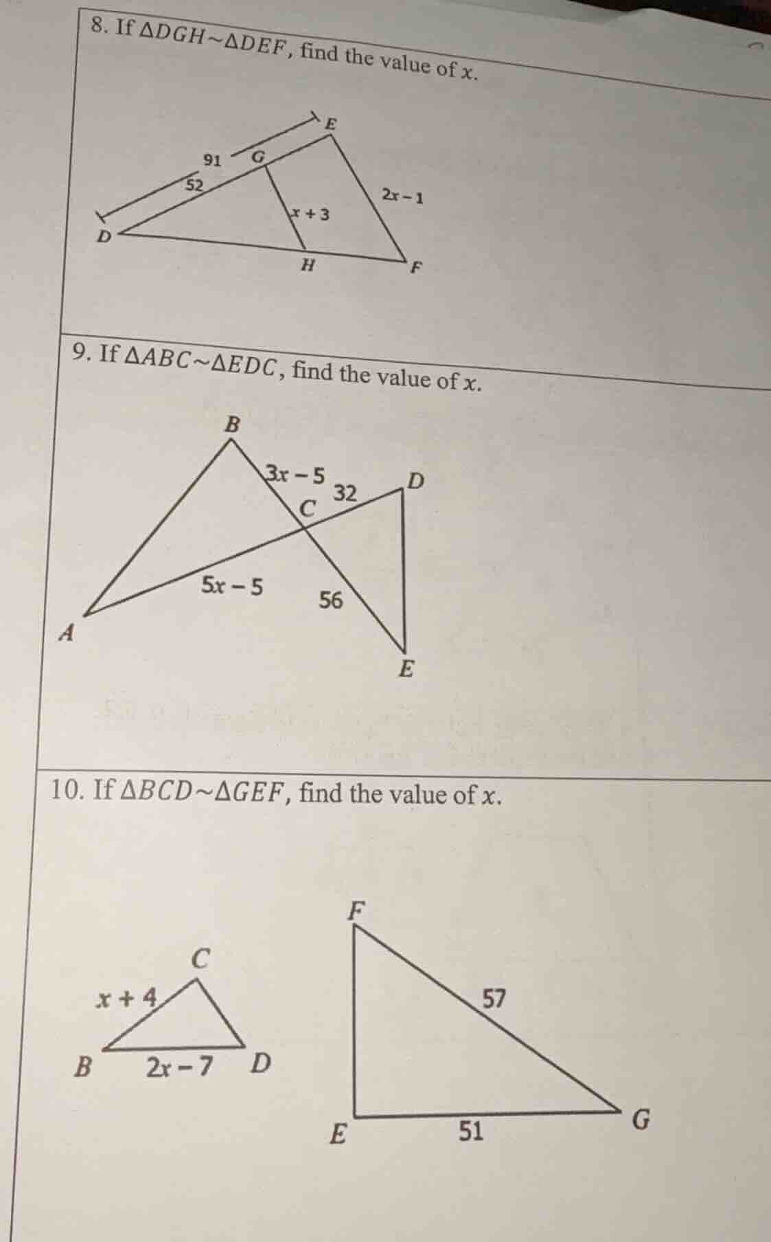 8. if $\\triangle dgh\\sim\\triangle def$, find the value of $x$. 9. if…