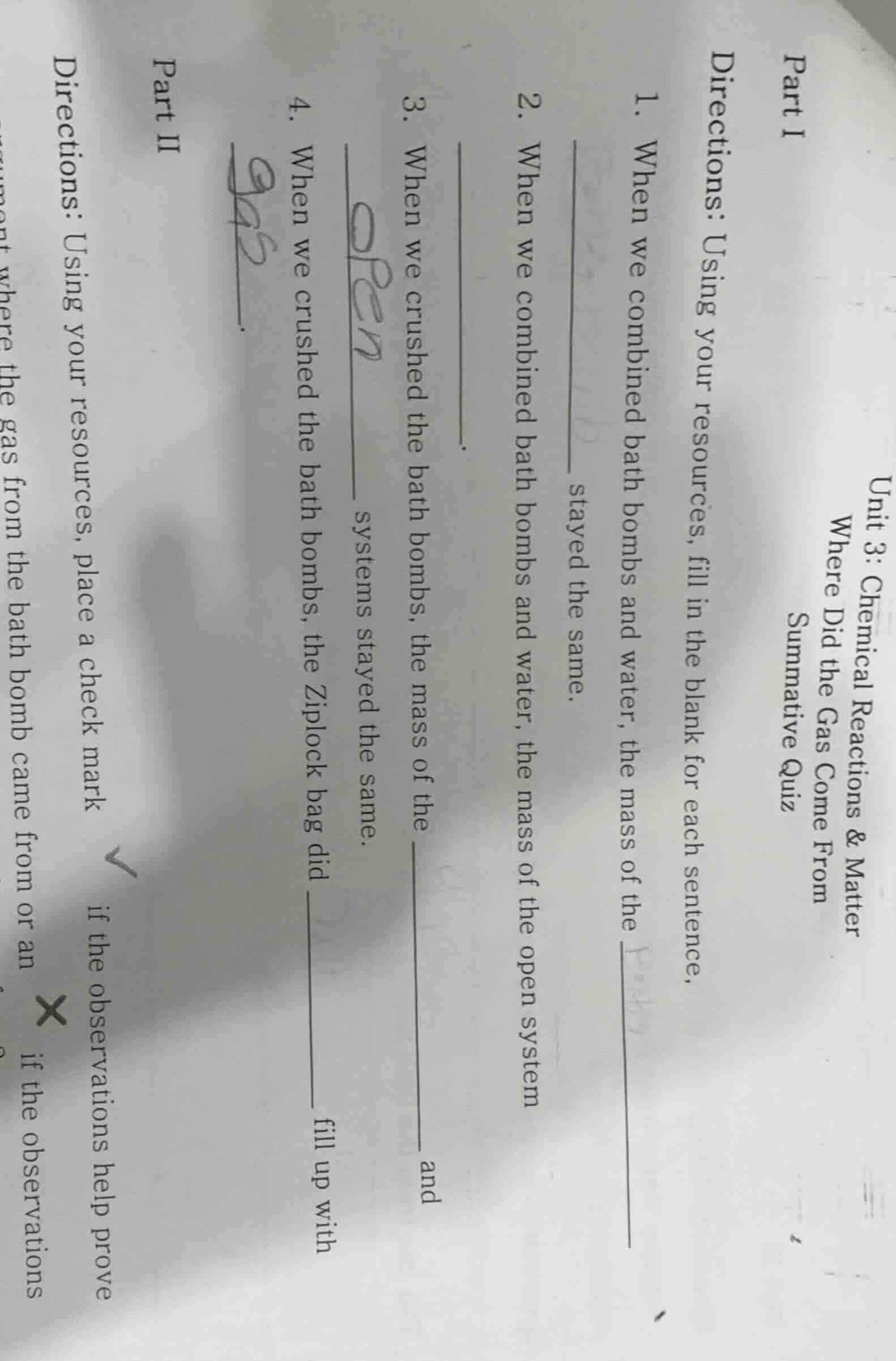 unit 3: chemical reactions & matter where did the gas come from summati…