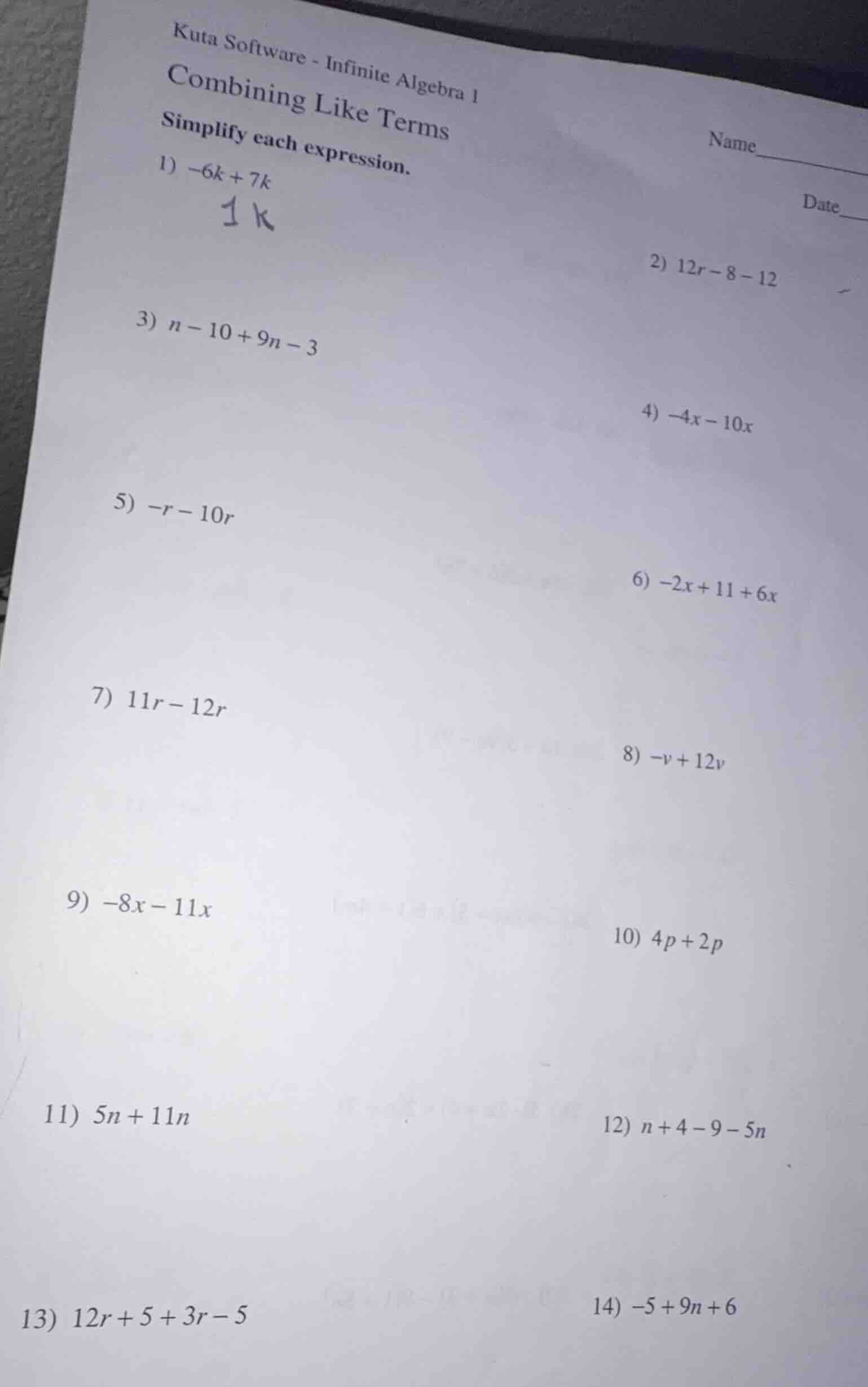 kuta software - infinite algebra 1 combining like terms name date simpl…