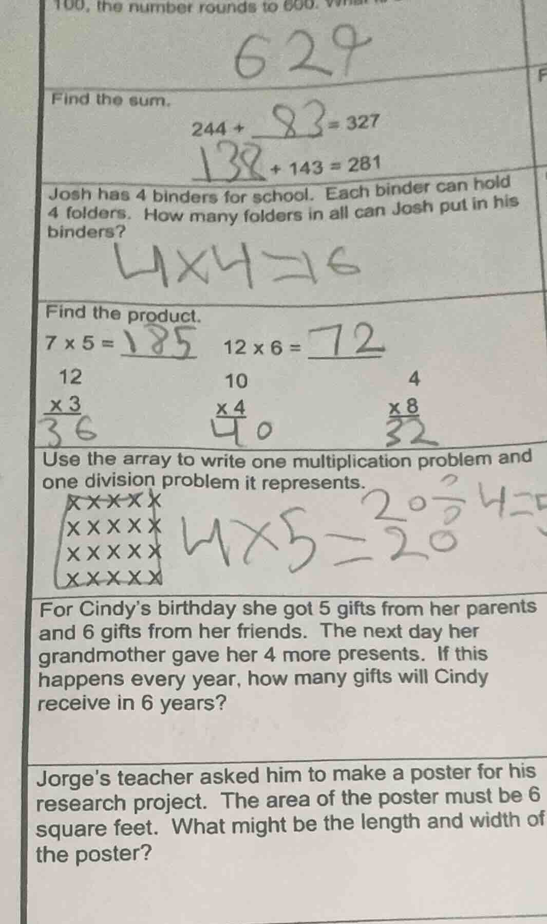 find the sum. 244 + _ = 327 _ + 143 = 281 josh has 4 binders for school…