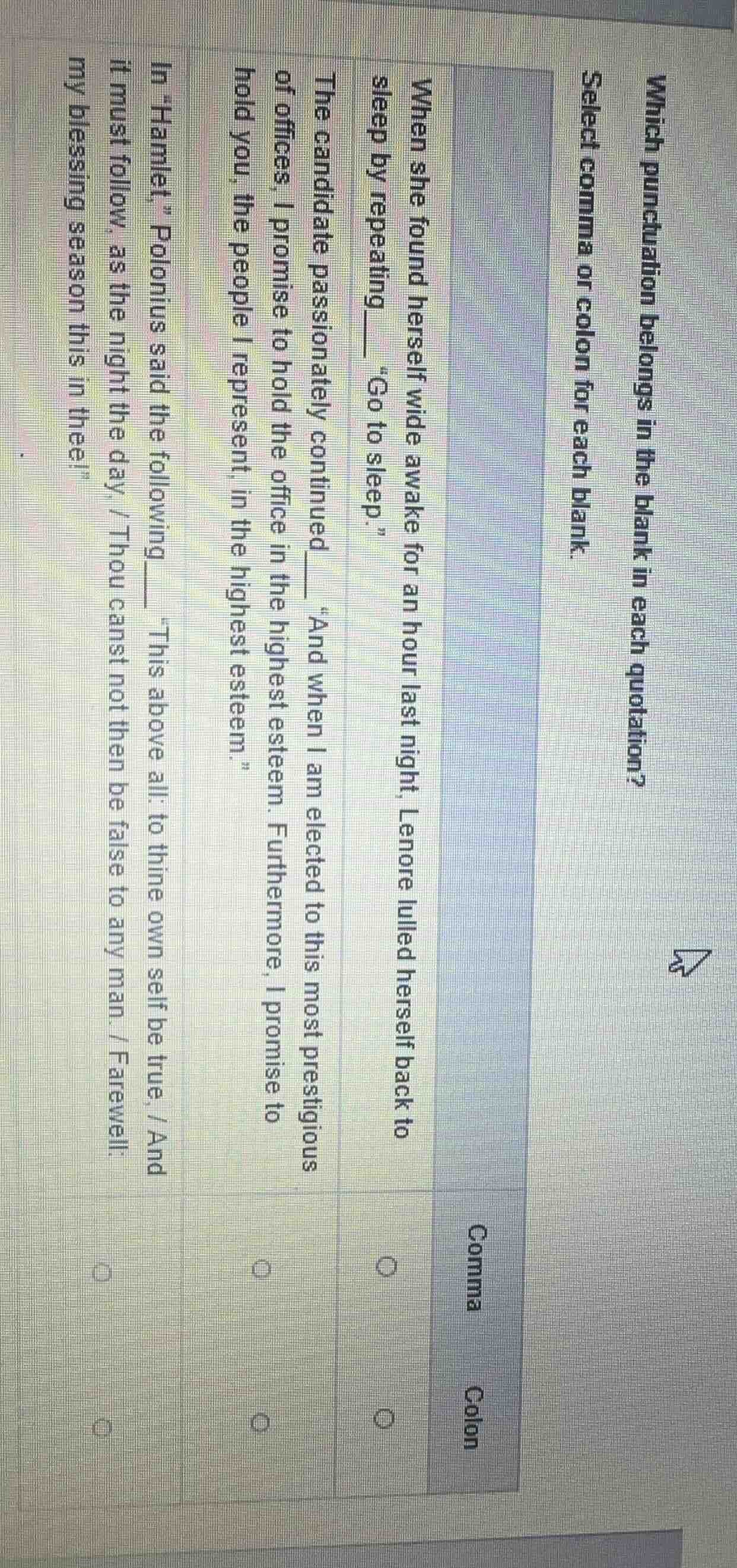 which punctuation belongs in the blank in each quotation? select comma …