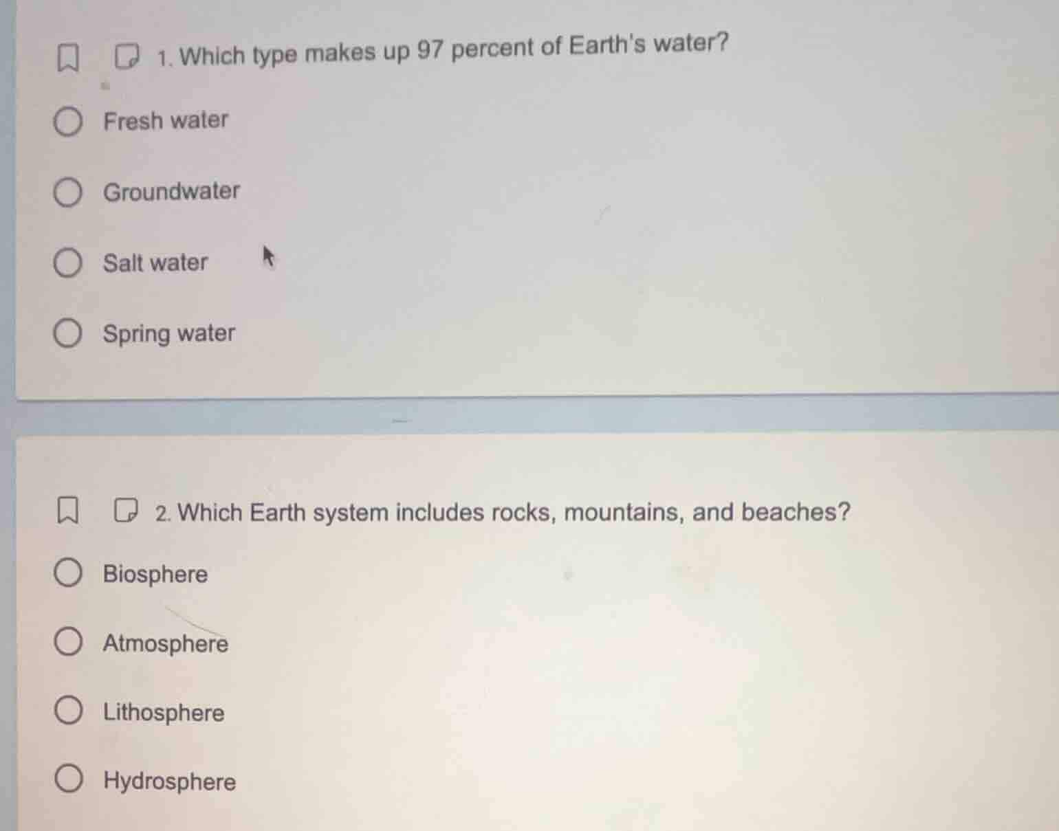 1. which type makes up 97 percent of earths water? fresh water groundwa…