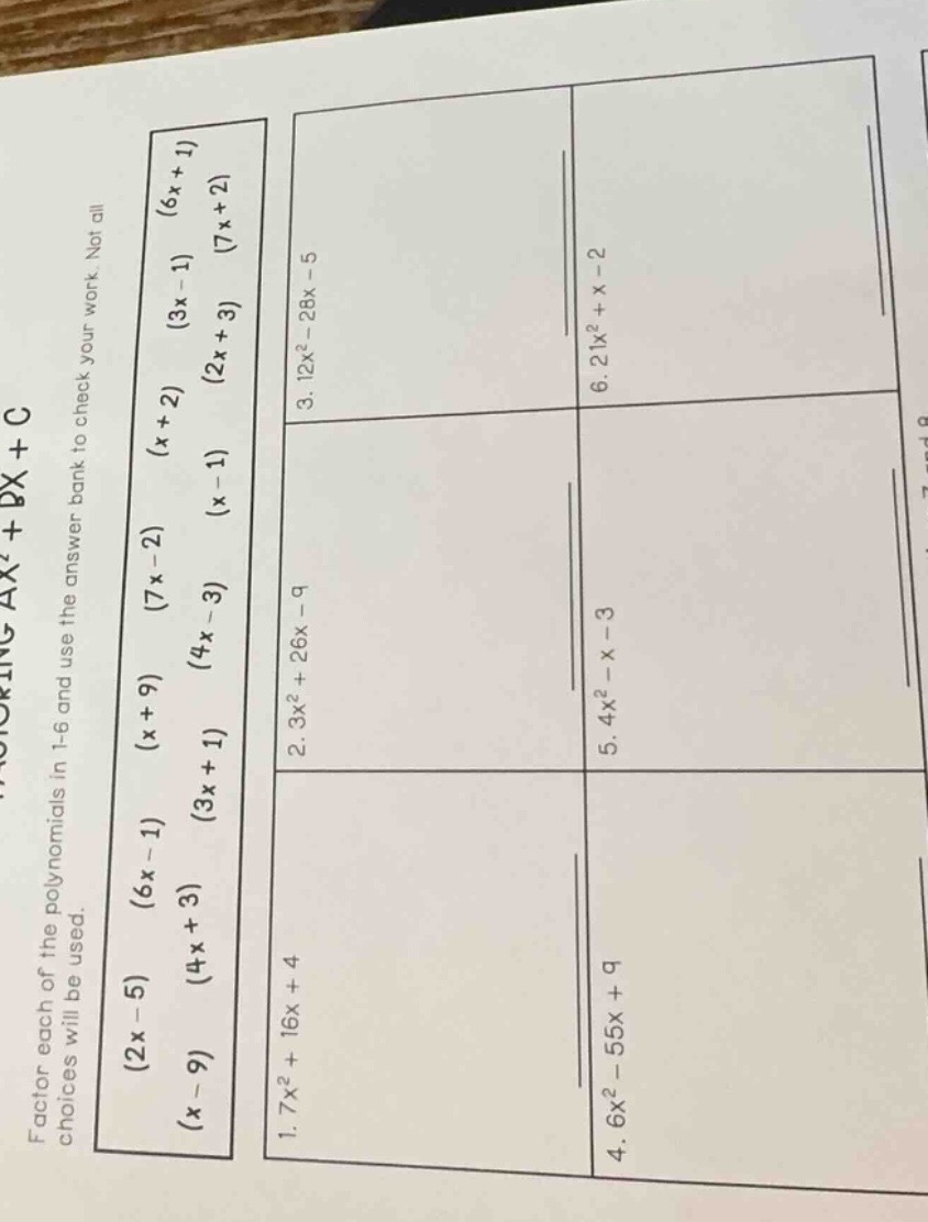 factoring ( ax^2 + bx + c ) factor each of the polynomials in 1 - 6 and…