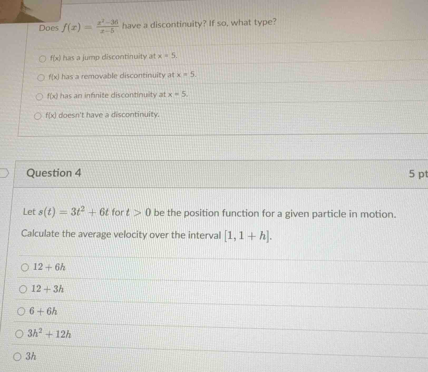 does $f(x) = \\frac{x^2 - 36}{x - 5}$ have a discontinuity? if so, what…