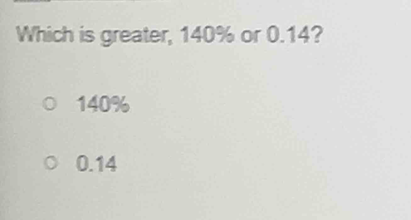 which is greater, 140% or 0.14? 140% 0.14