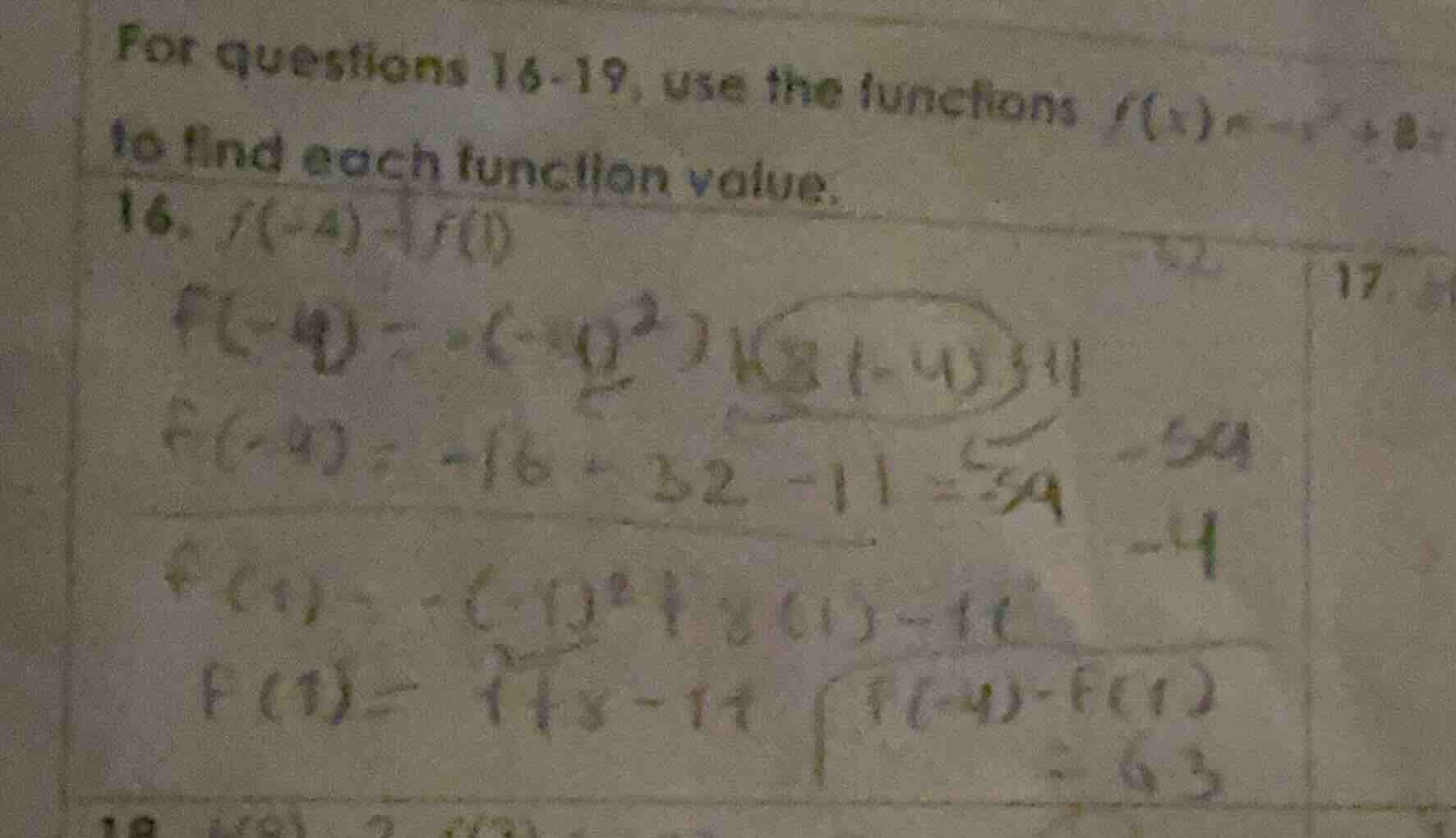 for questions 16 - 19, use the functions ( f(x)=dots ) to find each fun…