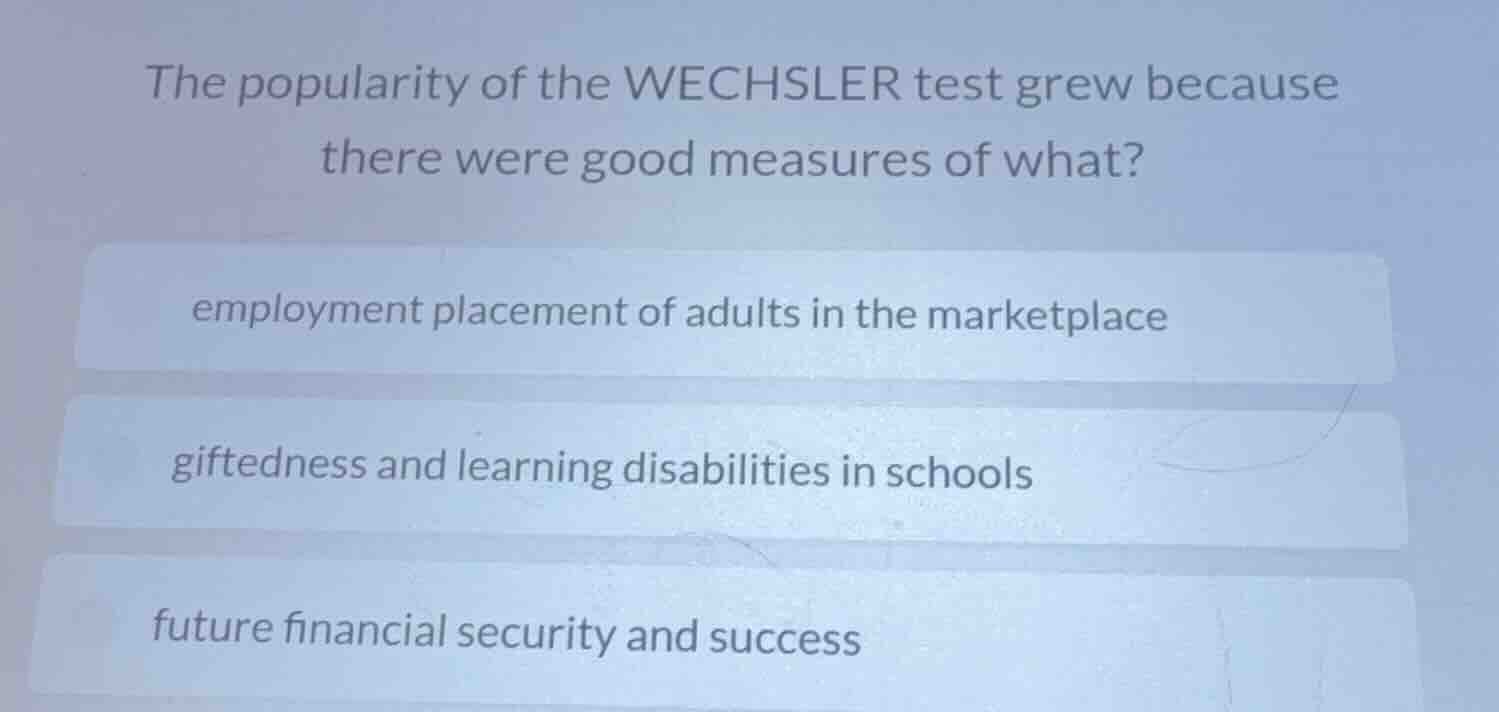 the popularity of the wechsler test grew because there were good measur…