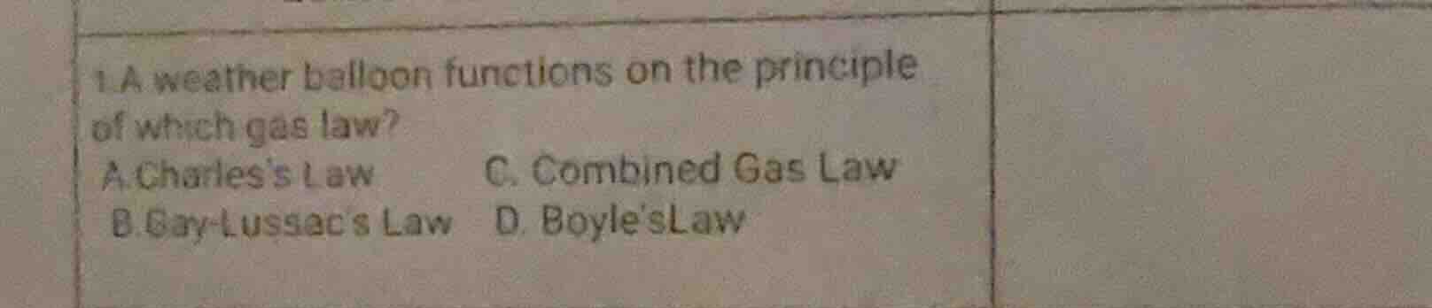 1.a weather balloon functions on the principle of which gas law? a.char…