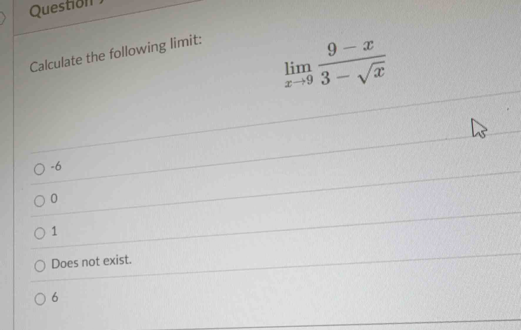 calculate the following limit: \\(\\lim\\limits_{x\\to 9} \\dfrac{9 - x…
