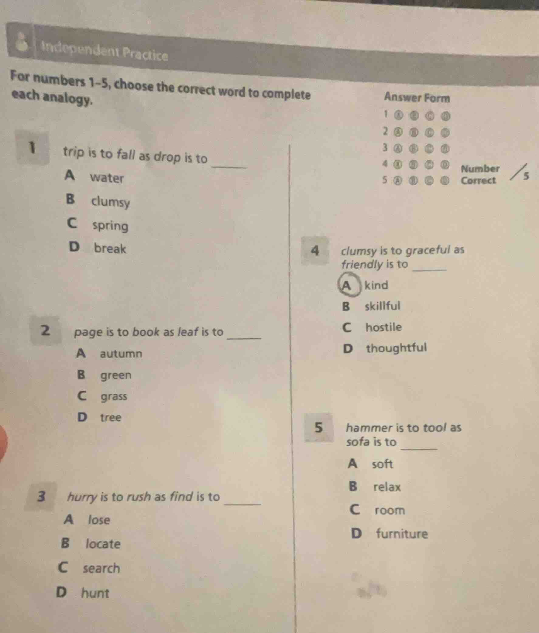 independent practice for numbers 1-5, choose the correct word to comple…