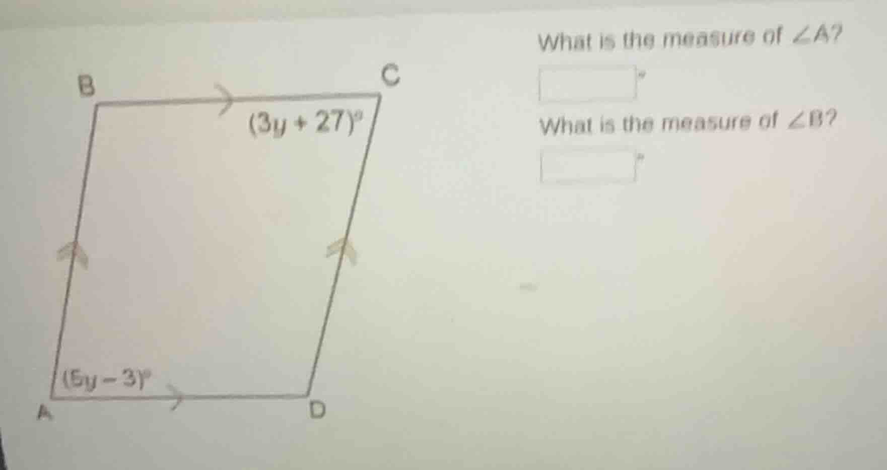 what is the measure of ∠a? □° what is the measure of ∠b? □° (3y + 27)° …
