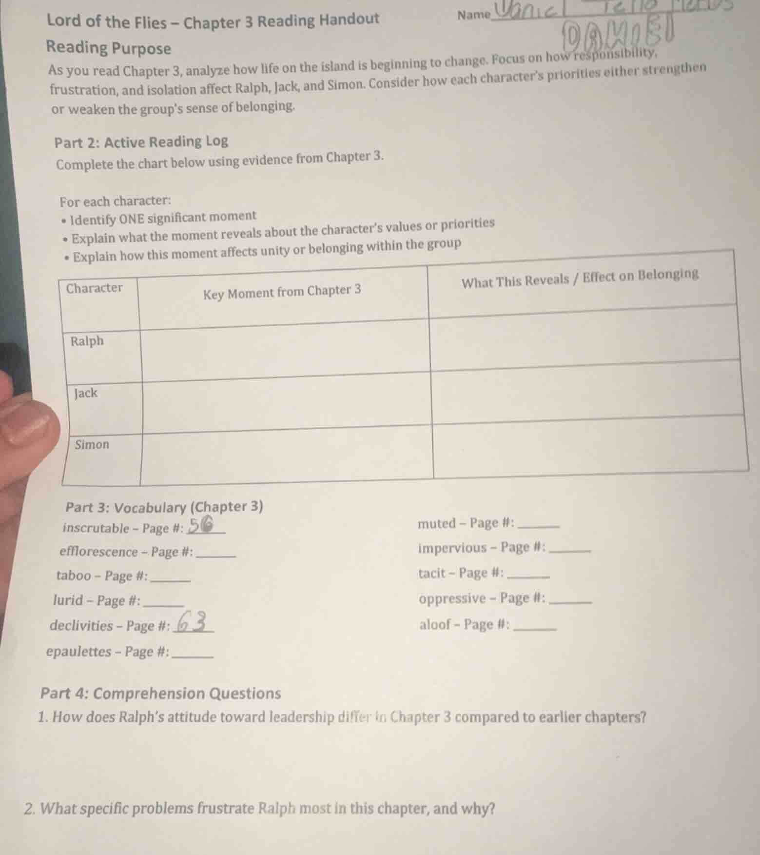 lord of the flies – chapter 3 reading handout name reading purpose as y…