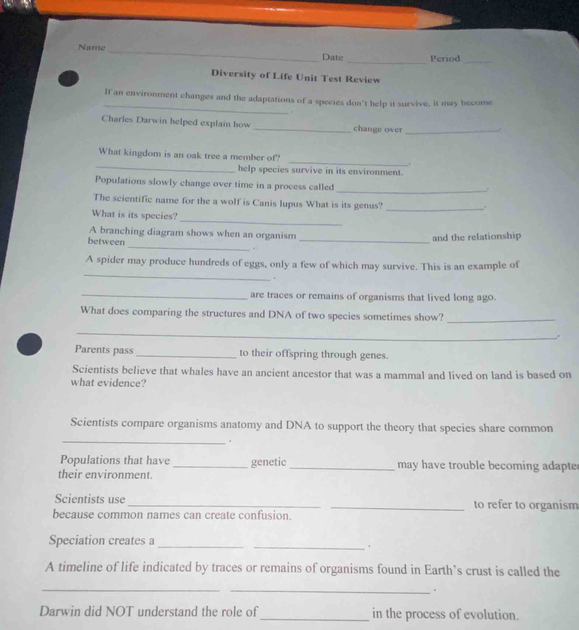 name date period diversity of life unit test review if an environment c…