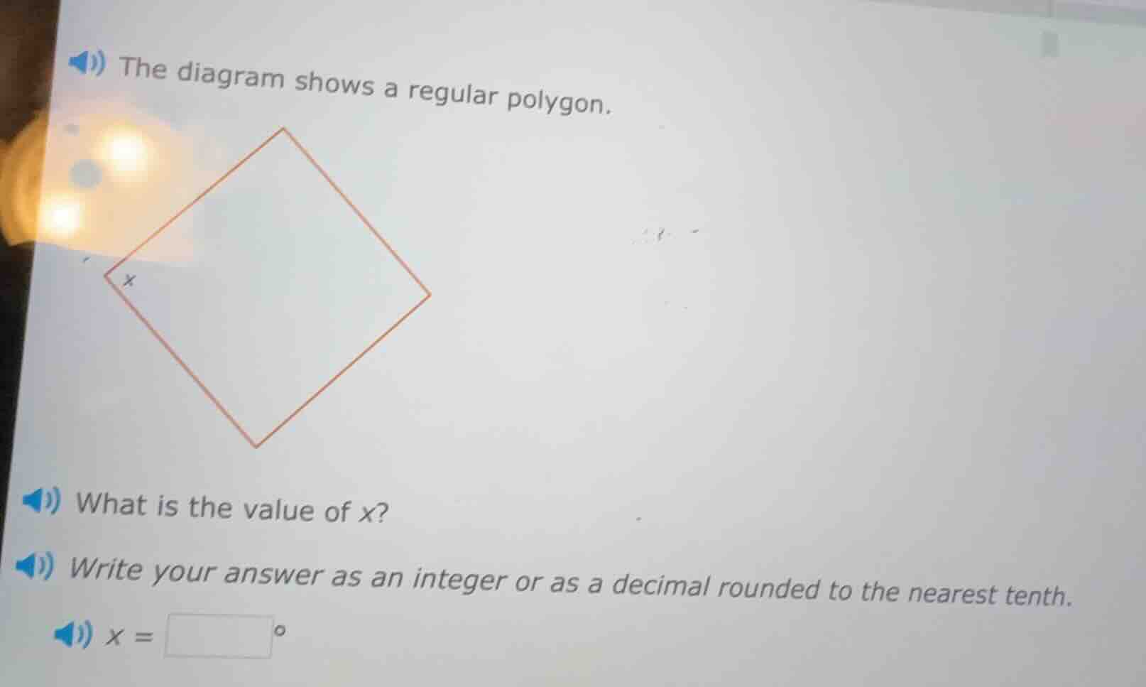 the diagram shows a regular polygon. what is the value of ( x )? write …