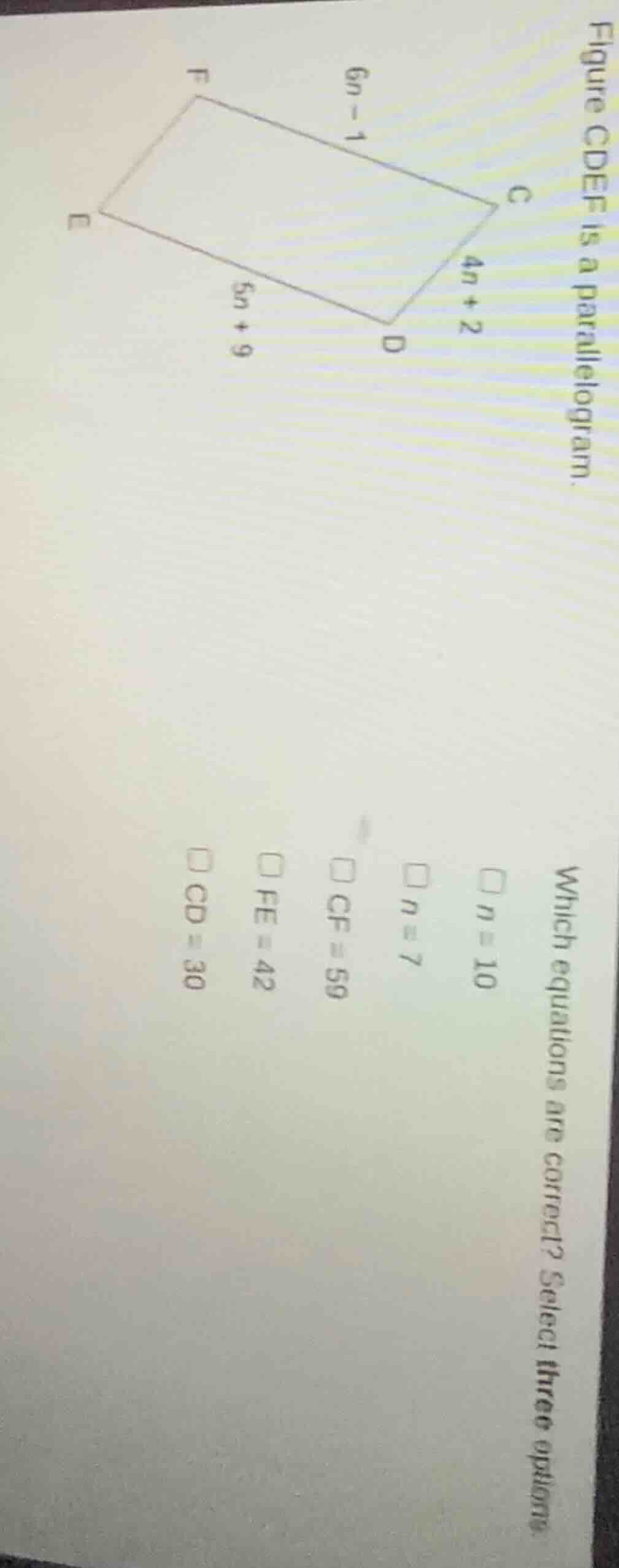 figure cdef is a parallelogram. which equations are correct? select thr…