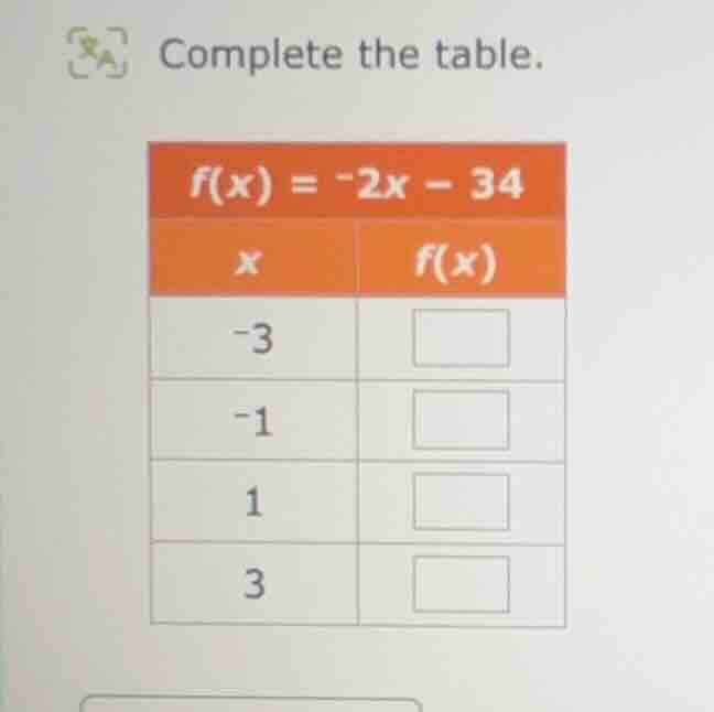 complete the table. $f(x) = -2x - 34$ | $x$ | $f(x)$ | | --- | --- | | …