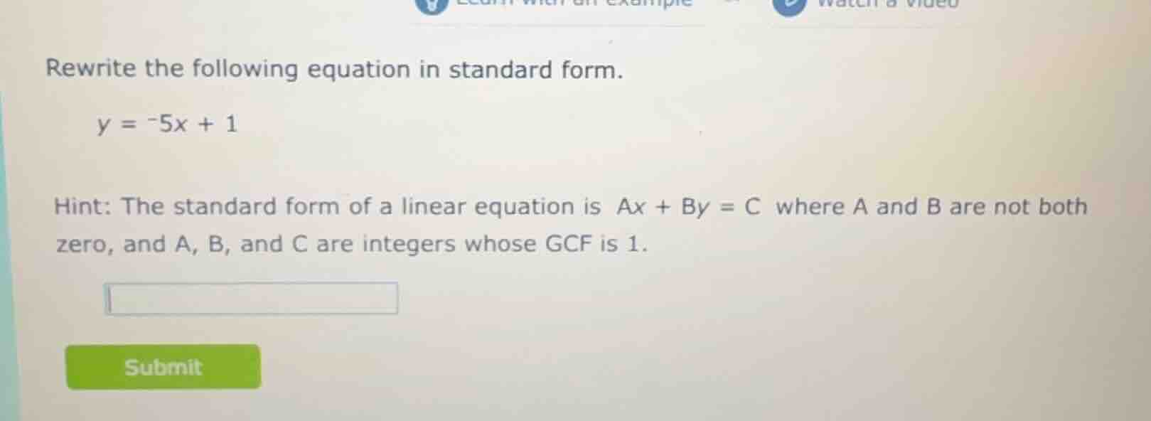 rewrite the following equation in standard form. y = -5x + 1 hint: the …