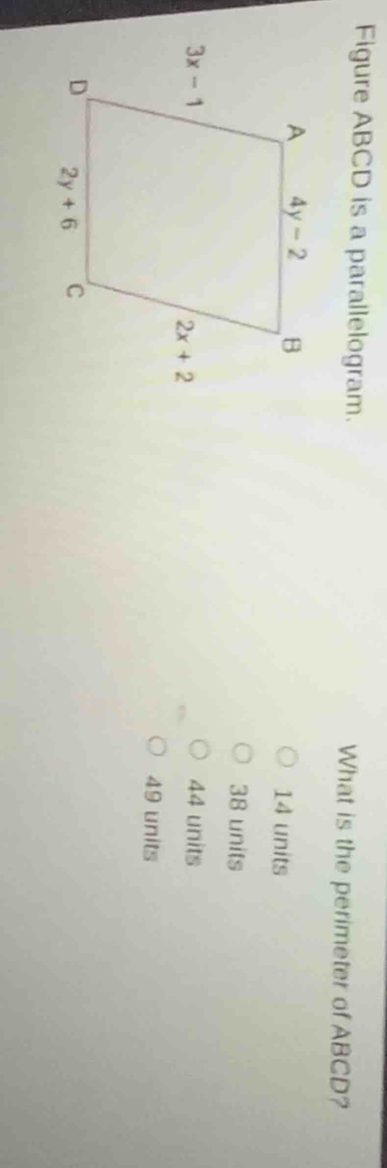 figure abcd is a parallelogram. what is the perimeter of abcd? 14 units…