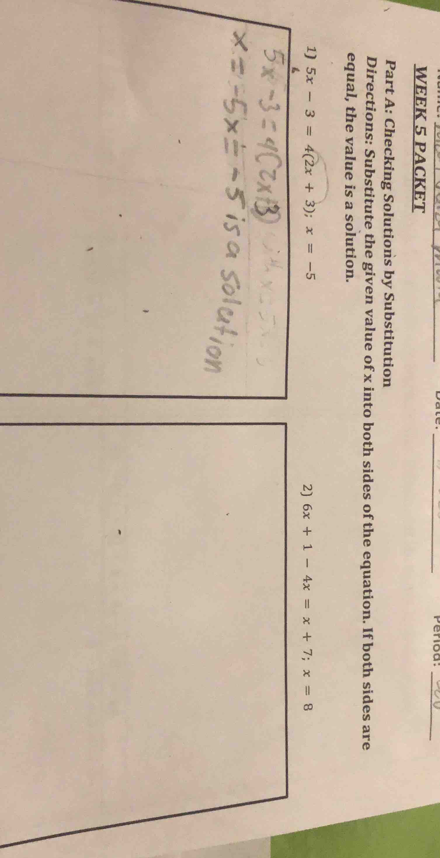 week 5 packet part a: checking solutions by substitution directions: su…