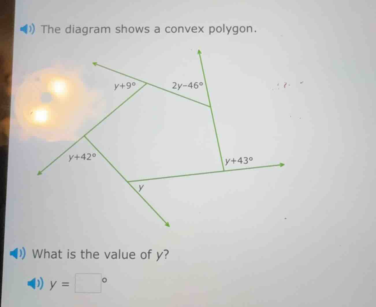 the diagram shows a convex polygon. what is the value of y? y = \\squar…