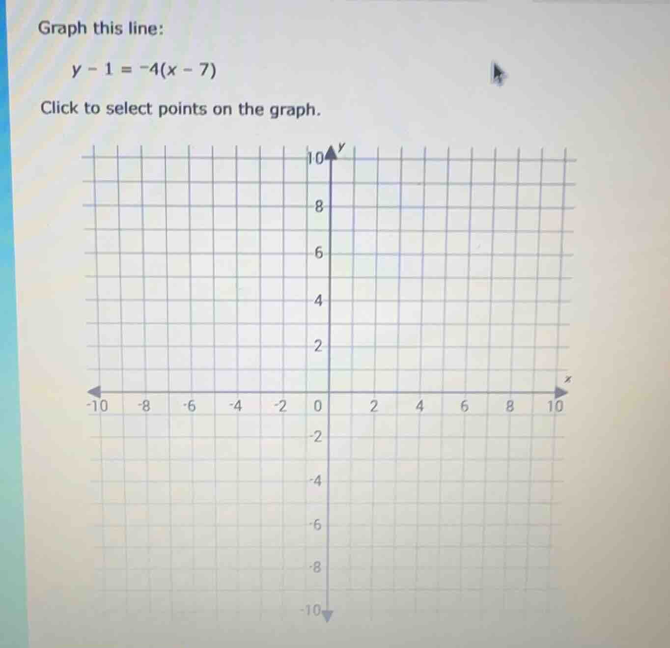 graph this line: y - 1 = -4(x - 7) click to select points on the graph.