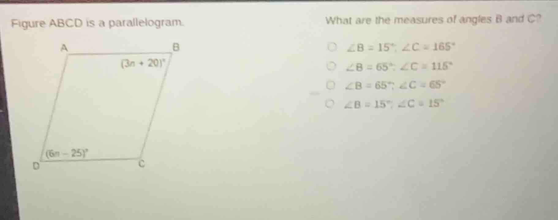 figure abcd is a parallelogram. what are the measures of angles b and c…