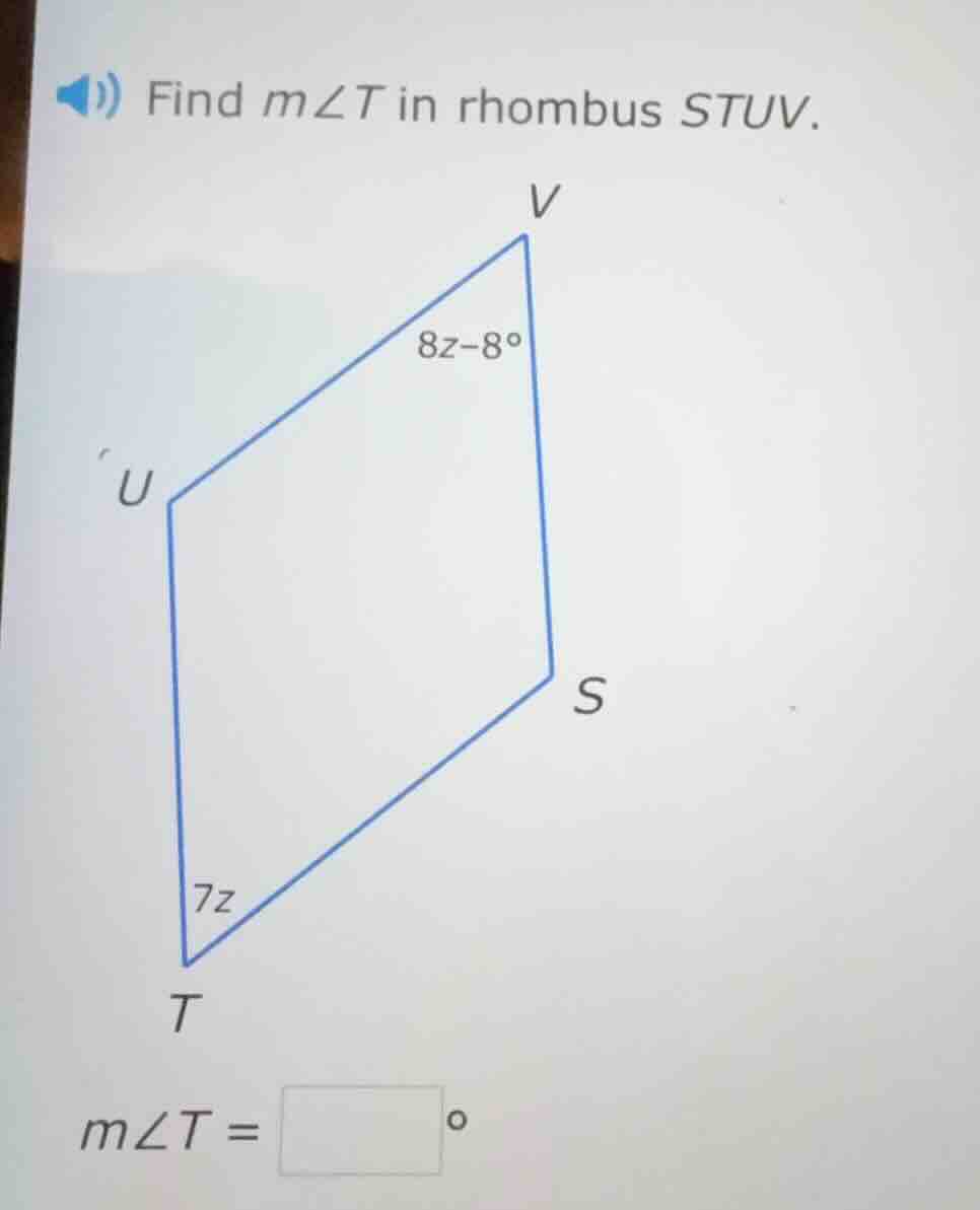 find ( mangle t ) in rhombus ( stuv ). ( mangle t = square^circ )