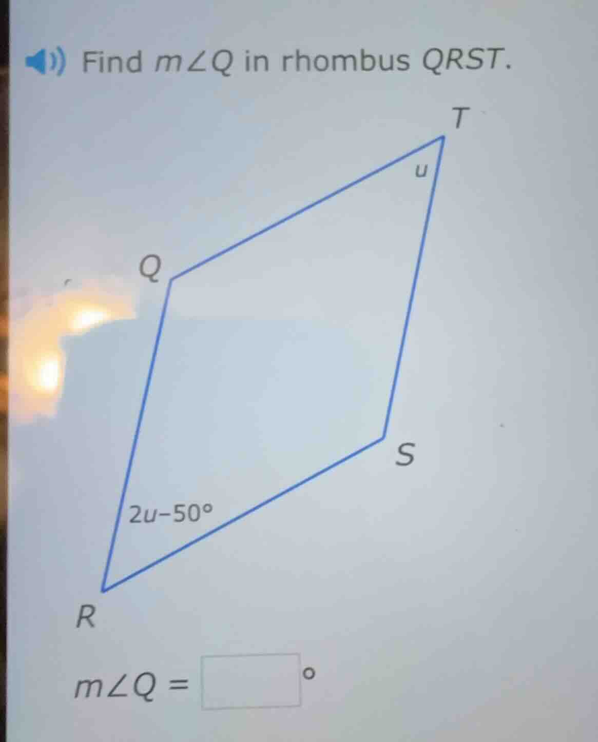 find ( mangle q ) in rhombus ( qrst ). ( mangle q = square^circ )