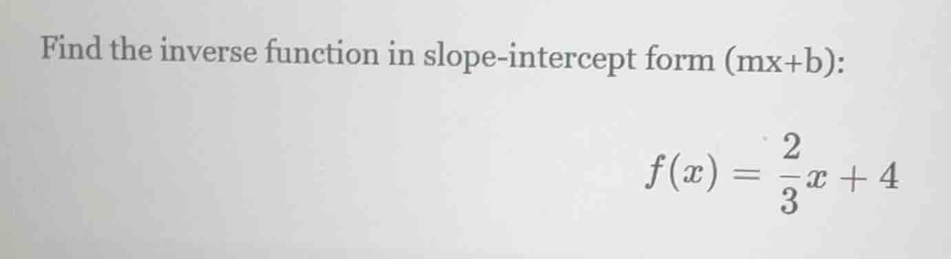 find the inverse function in slope - intercept form (mx + b): $f(x)=\fr…