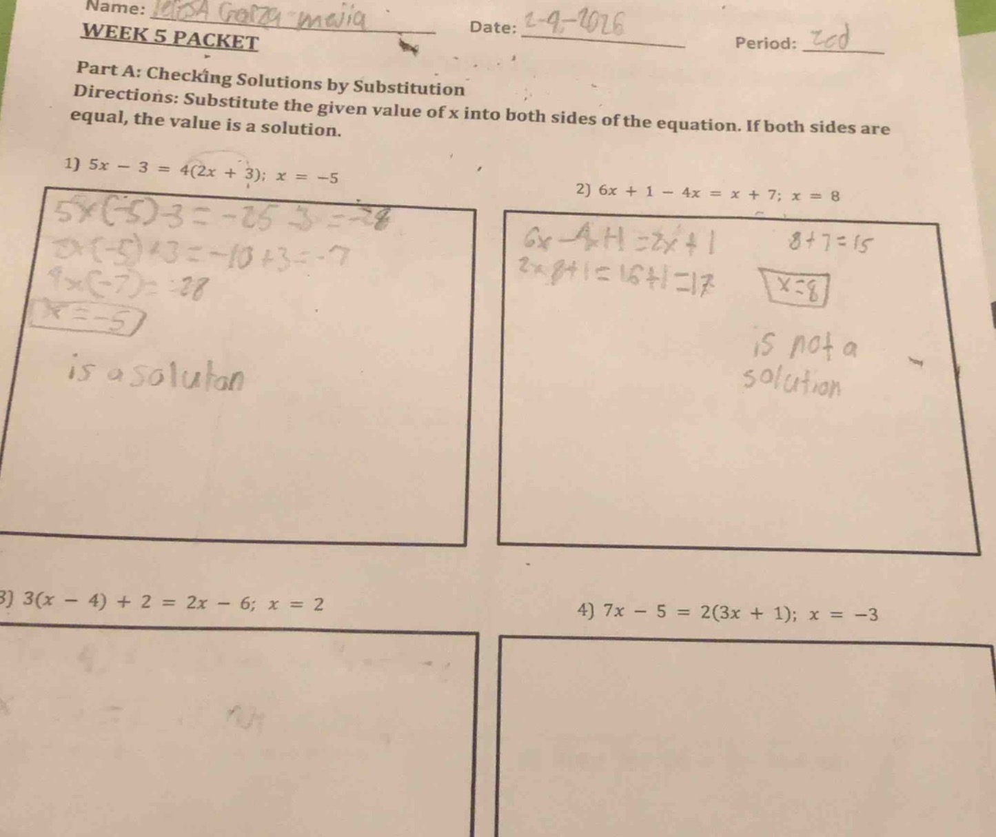 name: date: period: week 5 packet part a: checking solutions by substit…