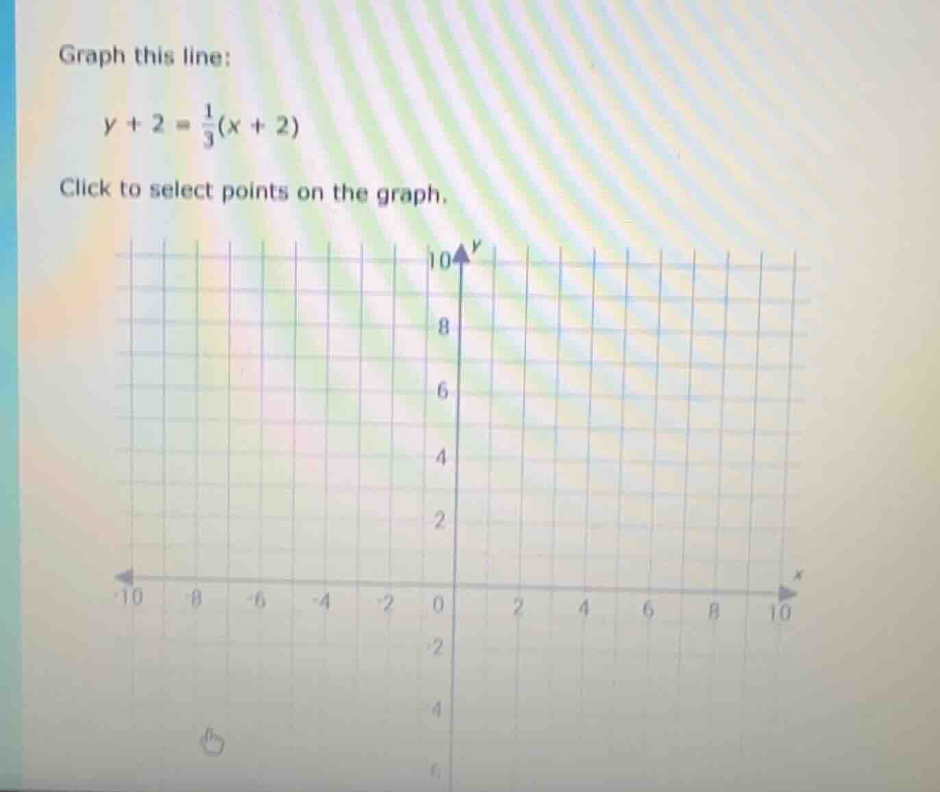 graph this line: $y + 2 = \\frac{1}{3}(x + 2)$ click to select points o…