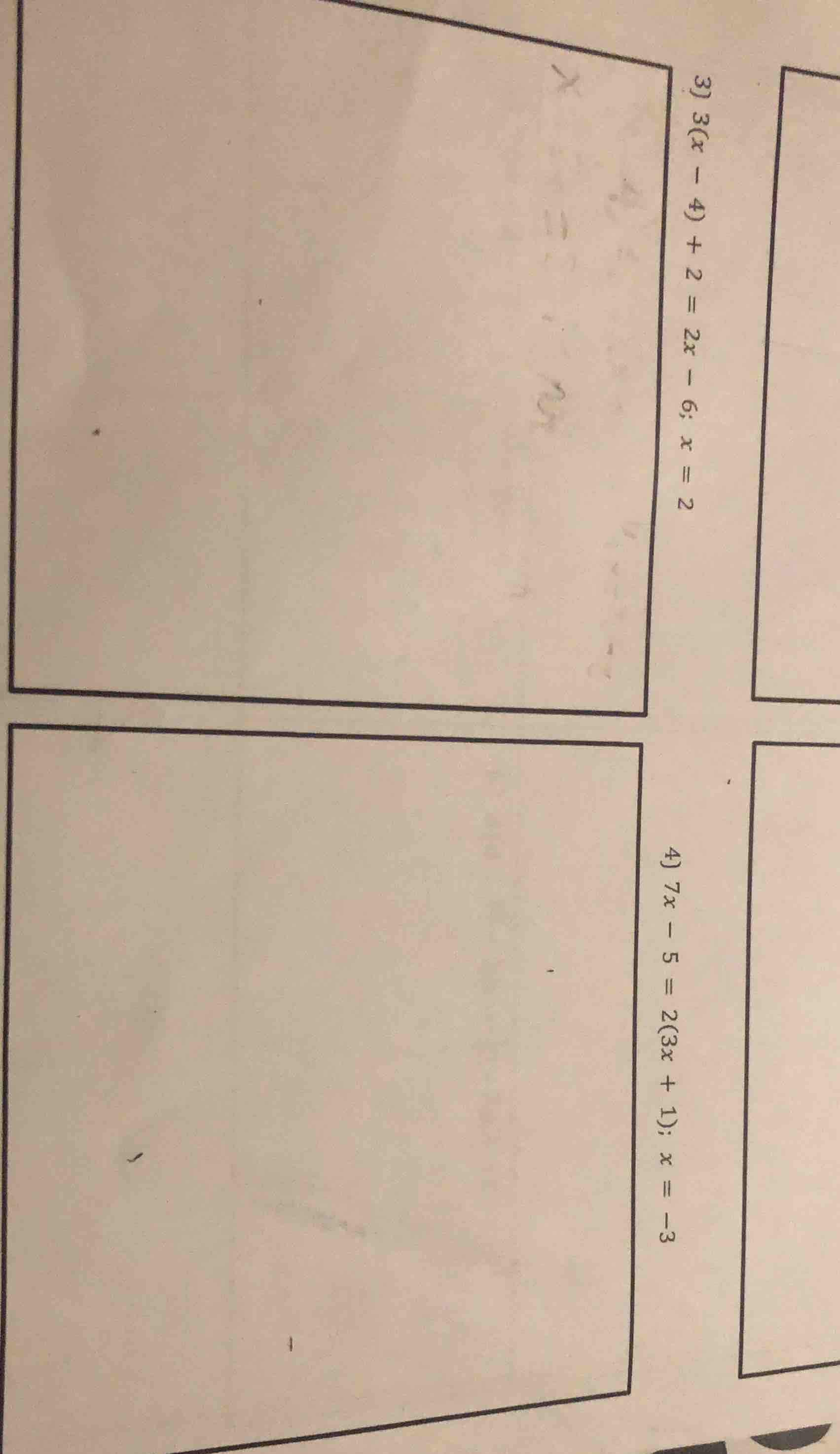 3) $3(x - 4) + 2 = 2x - 6$; $x = 2$ 4) $7x - 5 = 2(3x + 1)$; $x = -3$