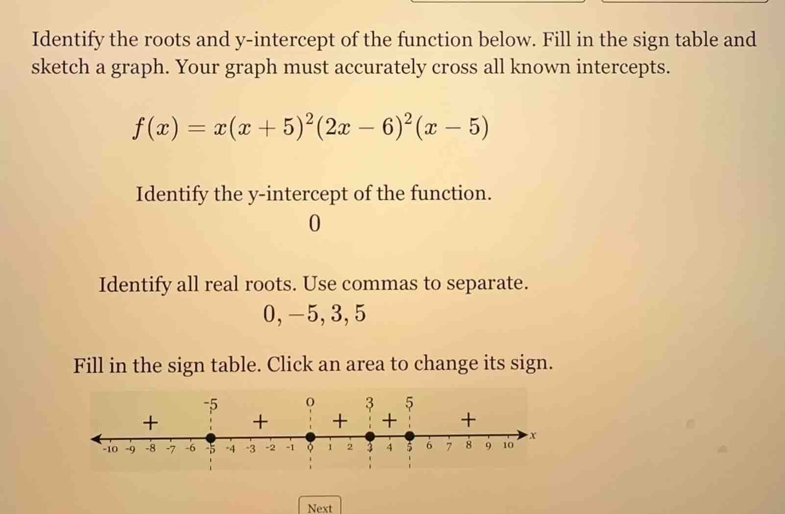 identify the roots and y-intercept of the function below. fill in the s…