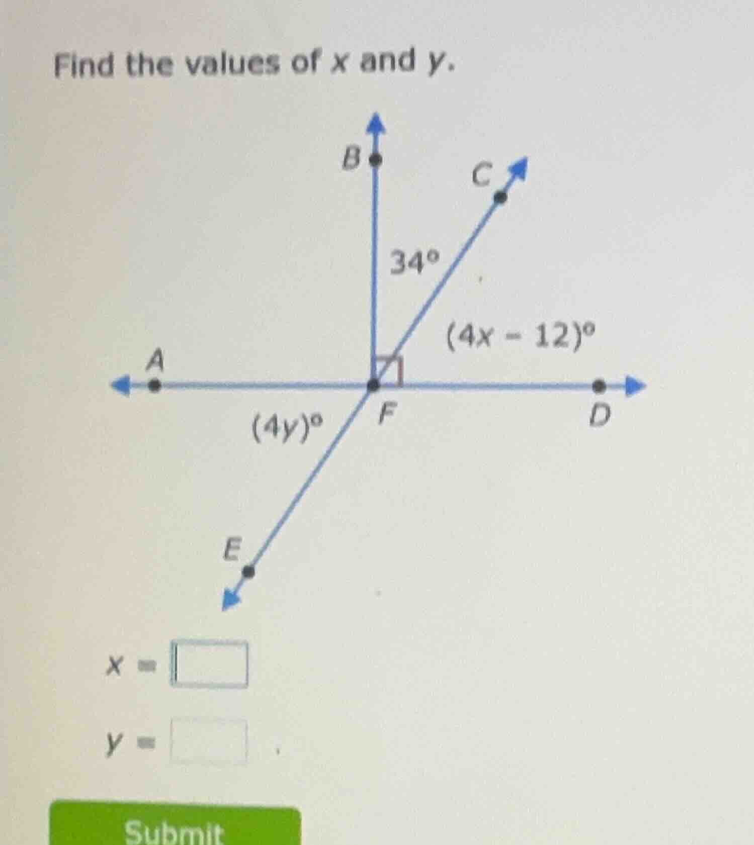 find the values of x and y. (the image shows a coordinate - like diagra…