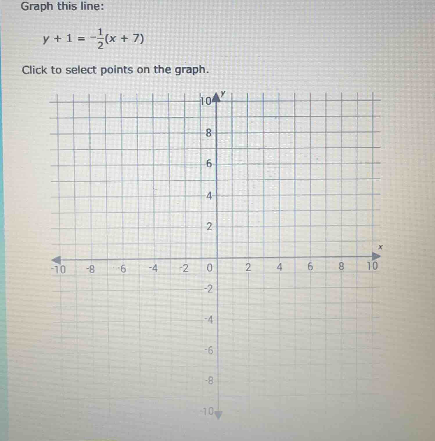 graph this line: $y + 1 = -\frac{1}{2}(x + 7)$ click to select points o…
