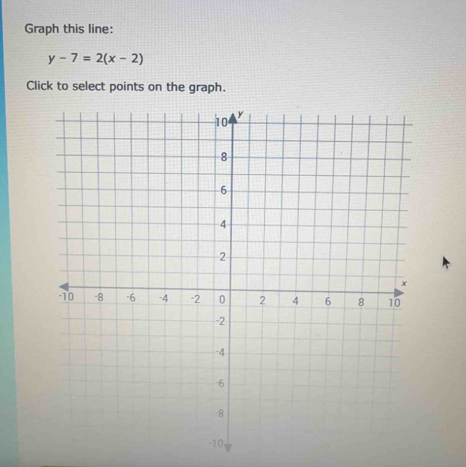 graph this line: $y - 7 = 2(x - 2)$ click to select points on the graph.