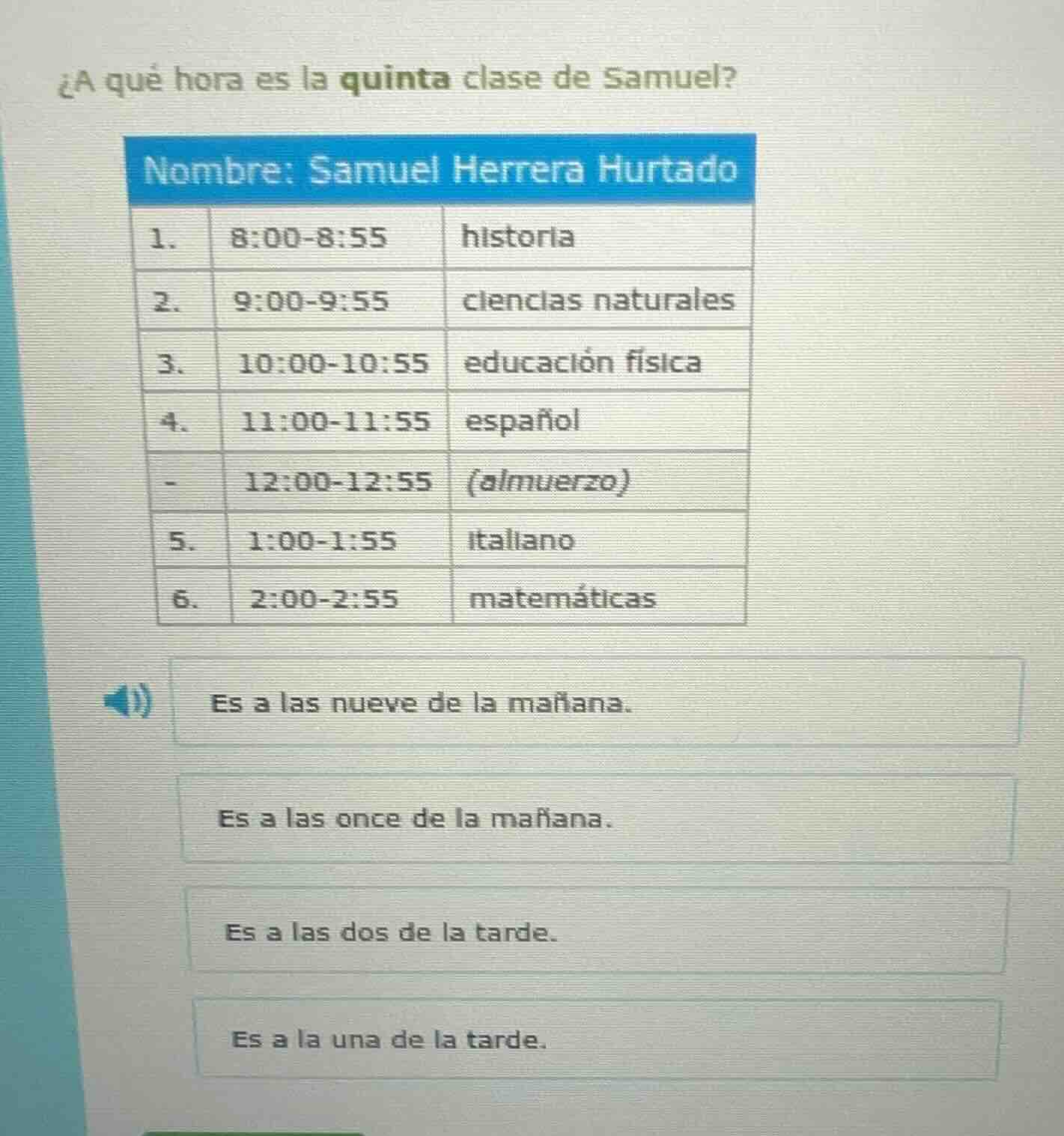¿a qué hora es la quinta clase de samuel? nombre: samuel herrera hurtad…