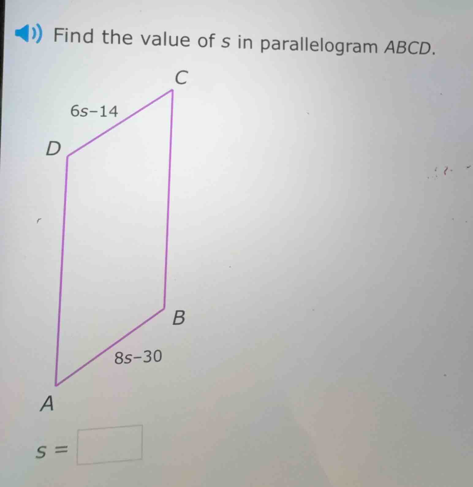 find the value of s in parallelogram abcd.