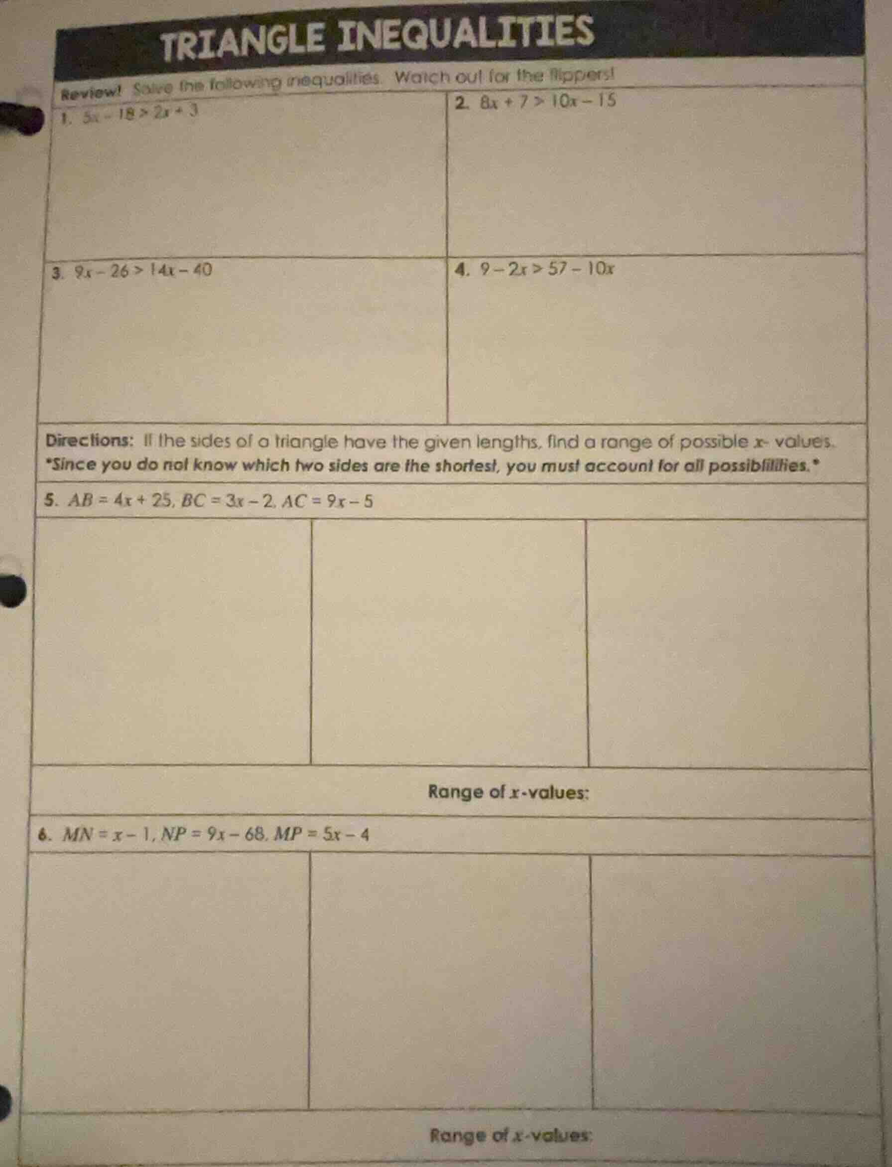 triangle inequalities review! solve the following inequalities. watch o…
