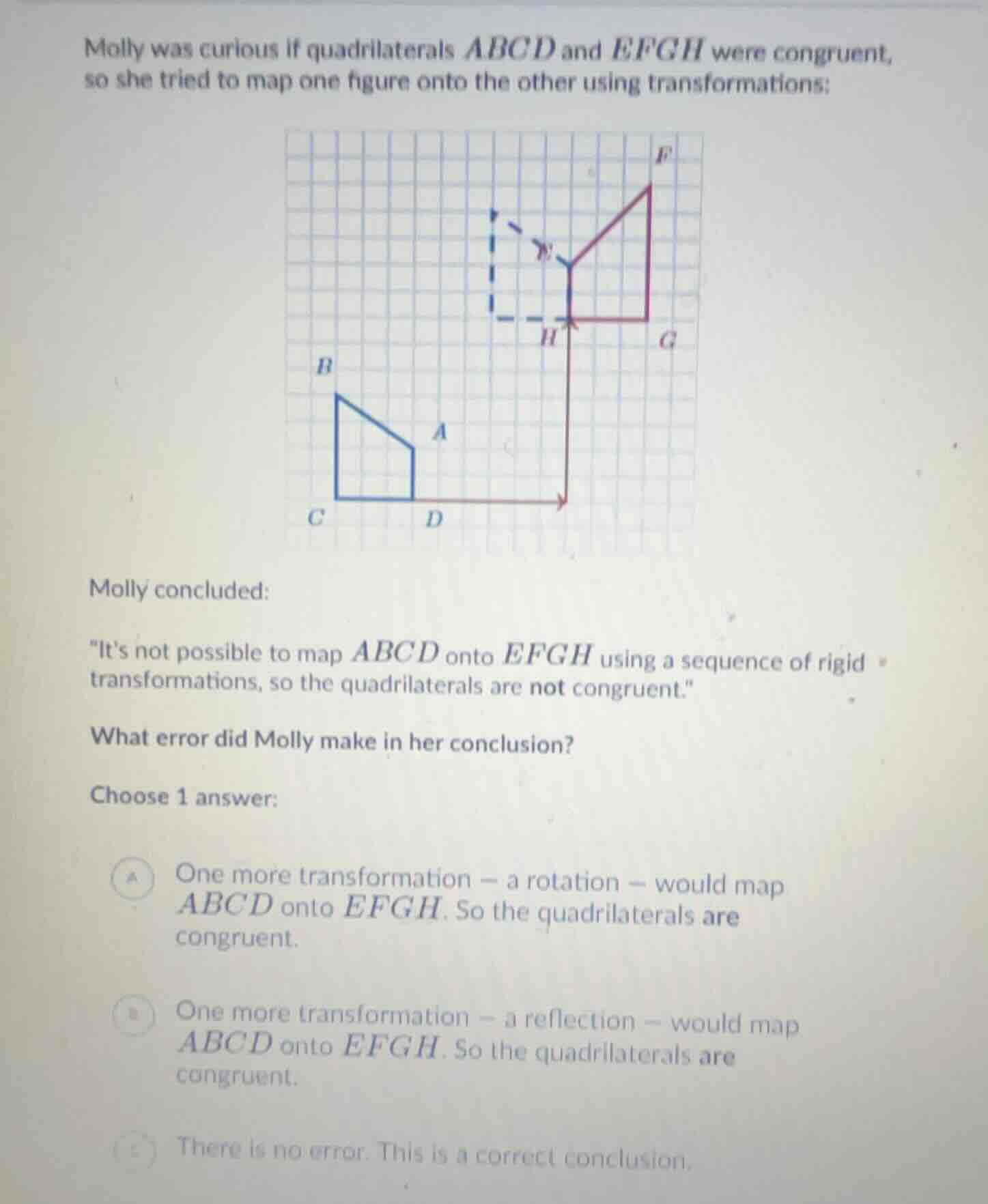 molly was curious if quadrilaterals (abcd) and (efgh) were congruent, s…