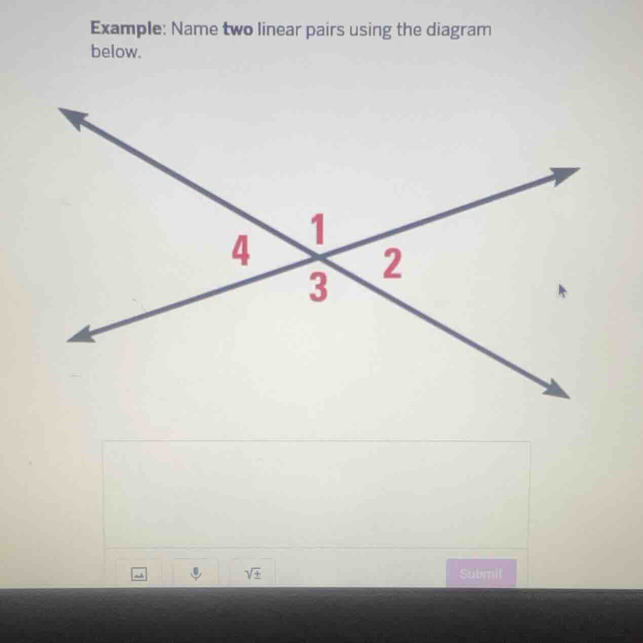 example: name two linear pairs using the diagram below.